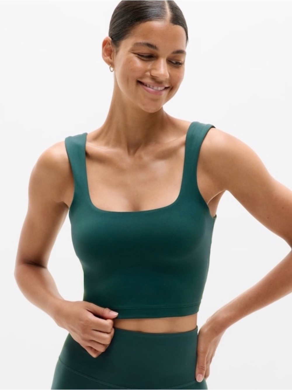 Athleta Transcend Square Neck Crop Sports Bra Top (A-C Cup) in Pine Green